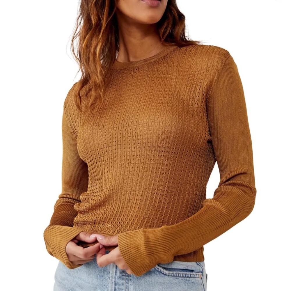 ANTHRO FREE PEOPLE H2O CREW PULLOVER GOLDEN STRETCH KNIT OPEN WEAVE TIGE…